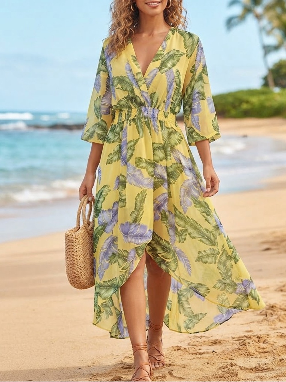 Tropical Yellow Floral Wrap Beach Cover-Up Dress